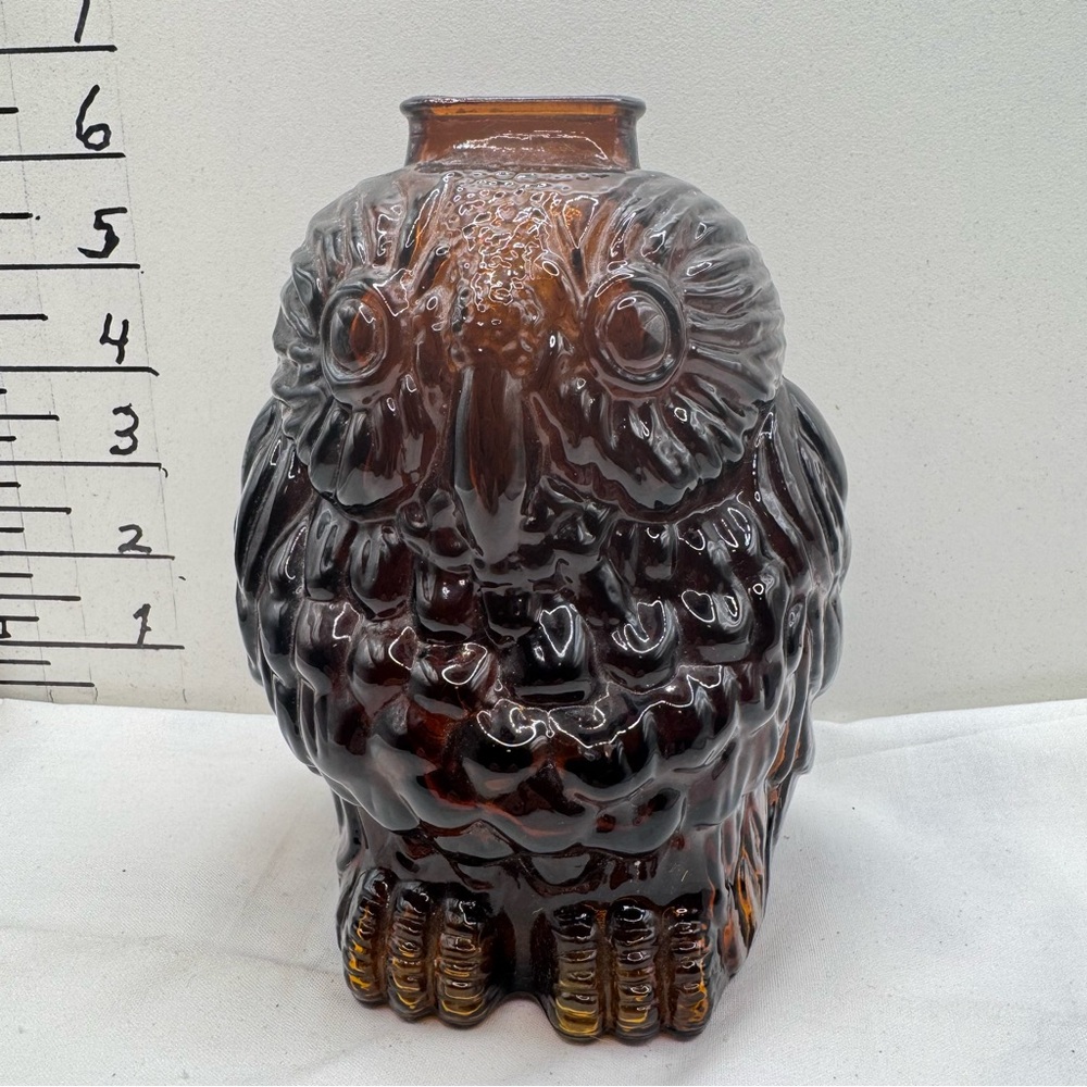 Amber Glass Owl bank vintage 1950 Libbey of Canada “Wise‎ old Owl” 6x4”